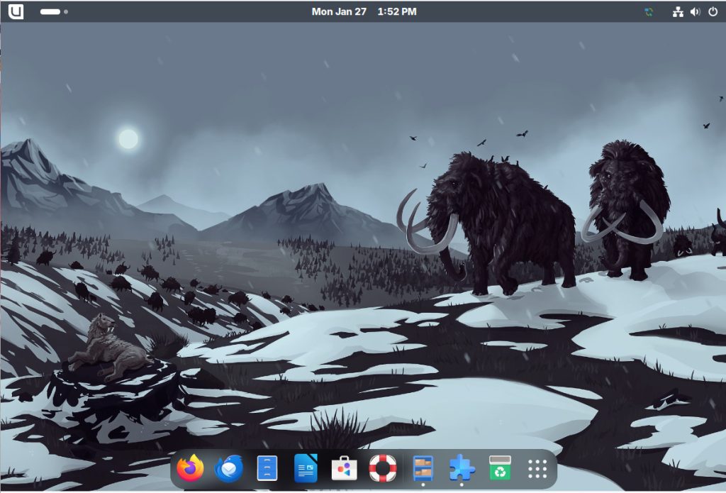 A mammoth beside a bluefin tuna in a snowy prehistoric scene.